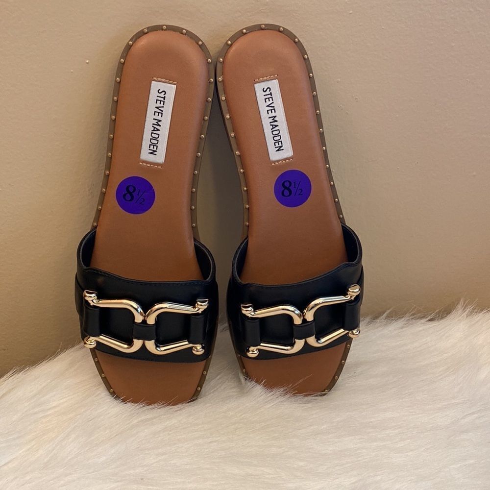 NWT Steve Madden Alita Black w/ Gold Tone Buckle Slide Sandals - Various Sizes